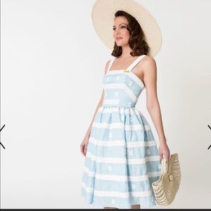 Unique vintage Barbie x blue and white suburban shopper dress